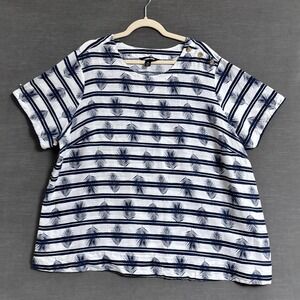 Lands‎ End Top 2X 20W/22W White Navy Linen Palm Leaf Stripe Nautical Tropical
